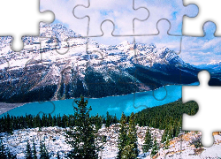 Góry, Jezioro, Peyto Lake, Opadająca, Drzewa, Śnieg, Park Narodowy Banff, Prowincja Alberta, Kanada