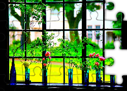 Okno, Wazoniki, Rośliny, Róże, Widok