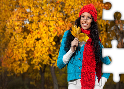 Brunetka, Park, Jesień, Liście
