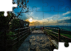 Zachód, Słońca, Mostek, Skała, Drzewo