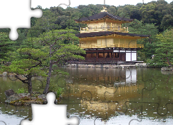 Świątynia Kinkakuji, Złoty Pawilon, Staw Kyko chi, Drzewa, Kioto,  Japonia