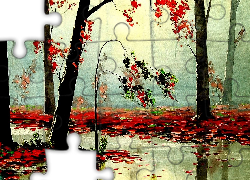 Drzewa, Kolorowe, Liście, Jesień, Obraz