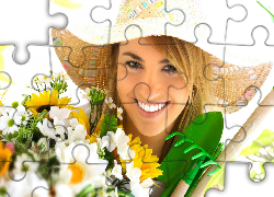 Blondynka, Kapelusz, Kwiaty, Uśmiech