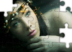 Kobieta, Wianek, Zielone, Oczy