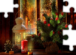 Stroik, Świeca, Okno, Boże Narodzenie, Świąteczne, Kompozycja, Lampion