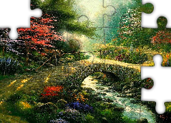 Rzeczka, Most, Kwiaty, Drzewa, Obraz