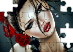 Piękna, Brunetka, Czerwone, Róże, Portret, Grafika