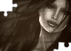 Piękna, Dziewczyna, Szmaragdowe, Oczy, Portret, Grafika