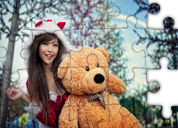 Kobieta, Strój, Mikołaja, Pluszowy, Miś