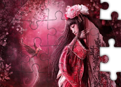Kobieta, Kimono, Ptak