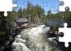 Finlandia, Park Narodowy Oulanka, Rzeka, Zalesione, Brzegi, Domek