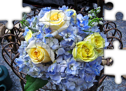 Bukiet, Żółtych, Róż, Niebieskie, Kwiatuszki