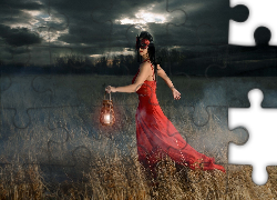 Noc, Łąka, Mgła, Dziewczyna, Lampa