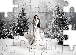 Kobieta, Wilk, Choinki, Zima