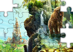 Ryczący, Niedźwiedź, Odbicie, Kobieta, Skały, Zamek, Fantasy