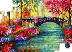 Rzeka, Most, Drzewa, Kwiaty