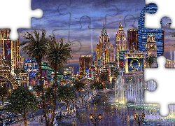Las Vegas, Panorama, Rzeka, Palmy, Drapacze, Chmur, Noc