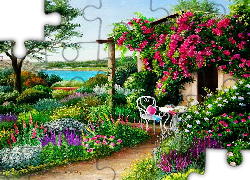 Ogród, Altanka, Kwiaty, Stolik, Krzesło