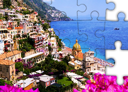 Włochy, Amalfi, Morze, Budynki, Niebo