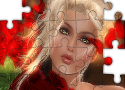 Piękna, Kobieta, Płatki, Róż, Portret, Grafika