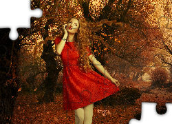 Kobieta, Czerwona, Sukienka, Jesień, Liście