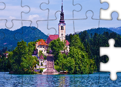 Kościół, Jezioro, Góry, Bled, Słowenia