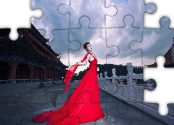 Pagody, Elegancka, Kobieta, Czerwona, Suknia