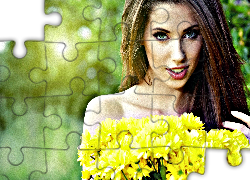 Dziewczyna, Szatynka, Uśmiech, Bukiet, Złocieni