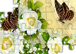 Białe, Róże, Motyle, Art
