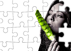 Kobieta, Twarz, Zielone, Piórko