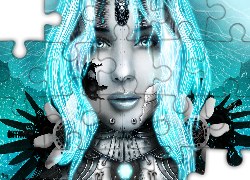 Kobieta, Cyborg, Niebieskie, Włosy