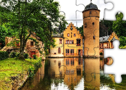 Niemcy, Bawaria, Zamek wodny Mespelbrunn Castle, Rzeka Elsava, Odbicie