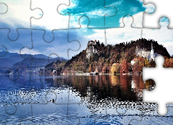 Słowenia, Bled, Jezioro Lake Bled, Kościół, Zamek Bled Castle