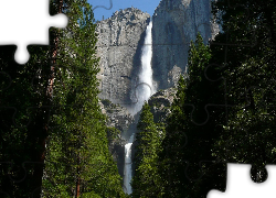 Stany Zjednoczone, Stan Kalifornia, Park Narodowy Yosemite, Wodospad, Góry, Skały, Drzewa
