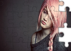 Kobieta, Różowe, Włosy, Warkocz