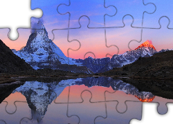 Jezioro, Góry, Zachód Słońca, Matterhorn, Szwajcaria
