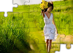 Łąka, Kwiaty, Kobieta, Sukienka