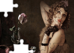 Kobieta, Retro, Makijaż, Róża