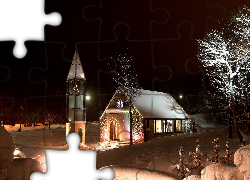 Kościół, Drzewa, Światła, Śnieg