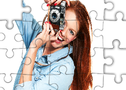 Piękna, Rudowłosa, Kobieta, Aparat, Fotograficzny