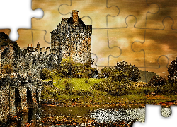 Szkocja, Zamek Eilean Donan Castle, Most kamienny, Chmury, Jezioro Loch Duich, Zachód słońca