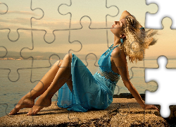 Kobieta, Blondynka, Niebieska, Sukienka, Skała