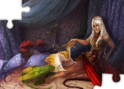 Fantasy, Kobieta, Łóżko, Małe, Smoki