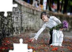 Kobieta, Bukiet, Kwiatów, Jesienne, Liście