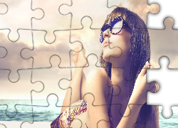 Kobieta, Plaża, Morze, Chmury