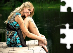 Kobieta, Blondynka, Pomost, Woda