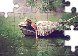 Kobieta, Biała, Suknia, Łódka, Jezioro