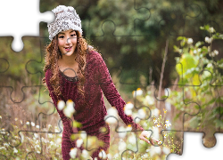 Młoda, Japoneczka, Las, Polana, Kwiaty