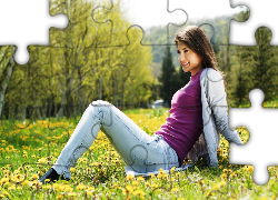 Dziewczyna, Relaks, Park, Łąka, Dmuchawce