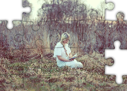 Kobieta, Blondynka, Pole, Książka